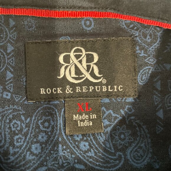 Rock & Republic Short-Sleeve, Button-Down Shirt, Blue Paisley Print, Size XL - Picture 3 of 6